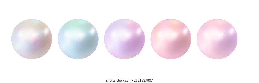 Ilustração realista vetorial de cinco pérolas pastel brilhantes em branco iridescente, azul, violeta e tons de rosa no fundo branco. Ideal para projetos de design de moda, cosméticos e joias