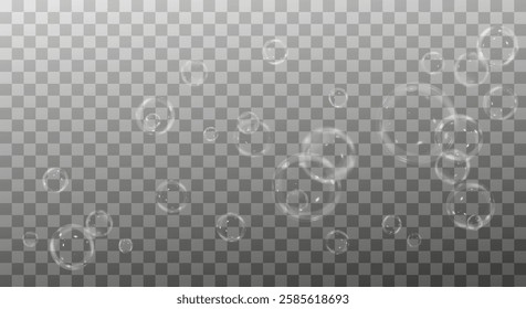 Vector realistic illustration of floating soap bubbles in various sizes. Round transparent bubbles on a dark isolated background. Shiny and reflective design, perfect for decorative and digital elemen