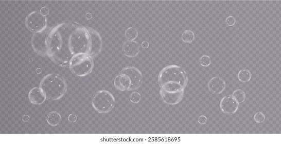 Vector realistic illustration of floating soap bubbles in various sizes. Round transparent bubbles on a dark isolated background. Shiny and reflective design, perfect for decorative and digital elemen