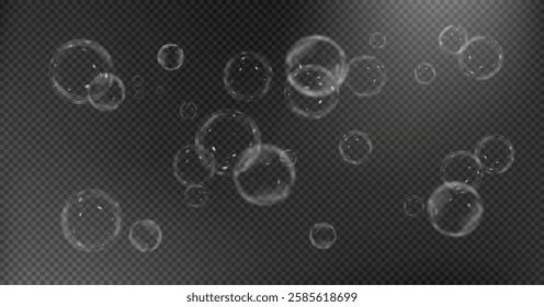 Vector realistic illustration of floating soap bubbles in various sizes. Round transparent bubbles on a dark isolated background. Shiny and reflective design, perfect for decorative and digital elemen