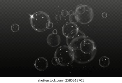 Vector realistic illustration of floating soap bubbles in various sizes. Round transparent bubbles on a dark isolated background. Shiny and reflective design, perfect for decorative and digital elemen