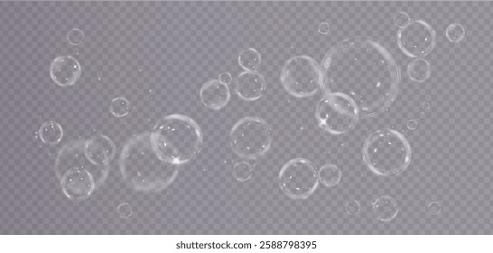 Vector realistic illustration of floating soap bubbles in various sizes. Round transparent bubbles on a dark isolated background. Shiny and reflective design, perfect for decorative and digital elemen