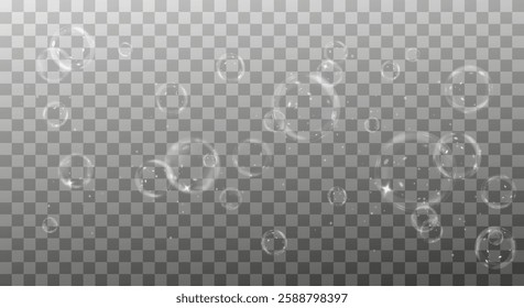 Vector realistic illustration of floating soap bubbles in various sizes. Round transparent bubbles on a dark isolated background. Shiny and reflective design, perfect for decorative and digital elemen