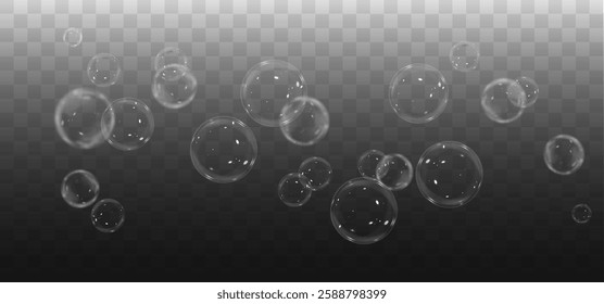 Vector realistic illustration of floating soap bubbles in various sizes. Round transparent bubbles on a dark isolated background. Shiny and reflective design, perfect for decorative and digital elemen