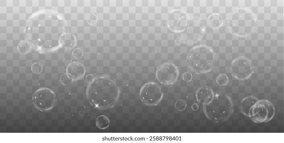 Vector realistic illustration of floating soap bubbles in various sizes. Round transparent bubbles on a dark isolated background. Shiny and reflective design, perfect for decorative and digital elemen