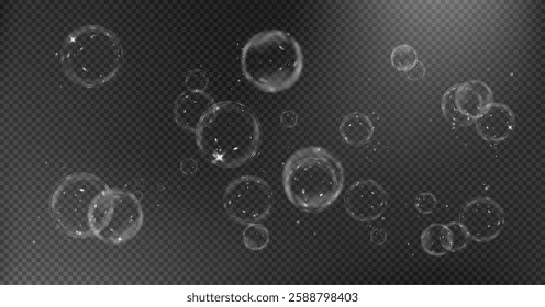 Vector realistic illustration of floating soap bubbles in various sizes. Round transparent bubbles on a dark isolated background. Shiny and reflective design, perfect for decorative and digital elemen