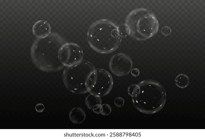 Vector realistic illustration of floating soap bubbles in various sizes. Round transparent bubbles on a dark isolated background. Shiny and reflective design, perfect for decorative and digital elemen