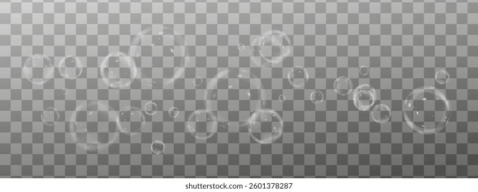 Vector realistic illustration of floating soap bubbles in various sizes. Round transparent bubbles on a dark isolated background. Shiny and reflective design, perfect for decorative and digital 