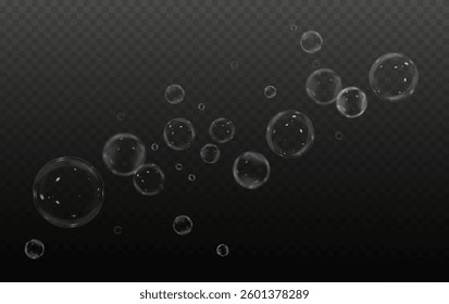 Vector realistic illustration of floating soap bubbles in various sizes. Round transparent bubbles on a dark isolated background. Shiny and reflective design, perfect for decorative and digital 