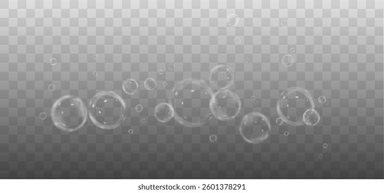 Vector realistic illustration of floating soap bubbles in various sizes. Round transparent bubbles on a dark isolated background. Shiny and reflective design, perfect for decorative and digital 