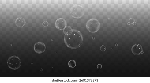 Vector realistic illustration of floating soap bubbles in various sizes. Round transparent bubbles on a dark isolated background. Shiny and reflective design, perfect for decorative and digital 