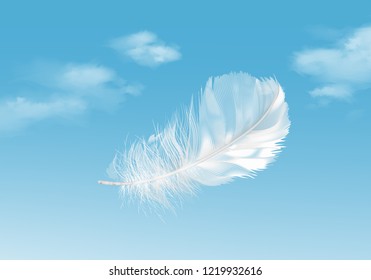 Vector realistic illustration of floating white feather isolated on blue sky background - Shutterstock ID 1219932616