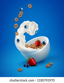 Vector realistic illustration of flying white bowl with corn rings in milk splash and fresh strawberries and blueberries isolated on blue background, ads composition for healthy breakfast