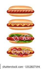 Vector realistic illustration of four appetizing hot dogs with different fillings, ingridients and sauces, side view isolated on white background