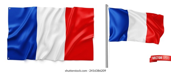 Ilustración vectorial realista de banderas francesas sobre fondo blanco.