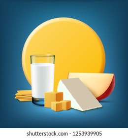 Vector realistic illustration of fresh dairy products with glass of milk and cottage, sheep or goat cheese and head of cheese isolated on background