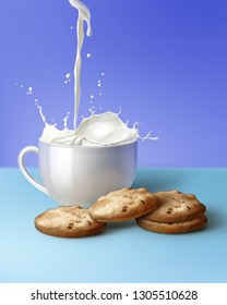 Vector realistic illustration of fresh milk puring to white cup and brown chip cookies isolated on blue background. Concept of breakfast moment