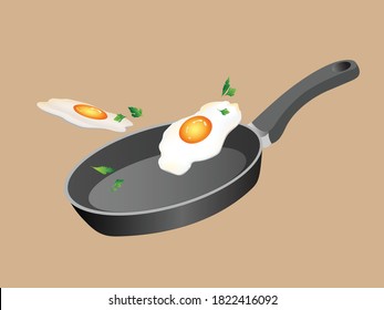 Vector realistic illustration of frying pans with scrambled eggs from two eggs and falling small parsley leaves on top.