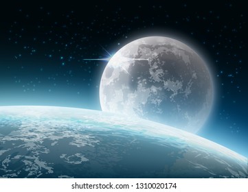 Vector ilustración realista de la Luna llena con la Tierra con un resplandor. Fondo estelar con vista satelital desde el espacio