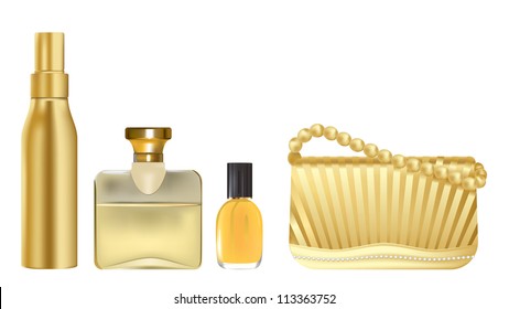 vector realistic illustration of girl accessories in golden color, raster version available