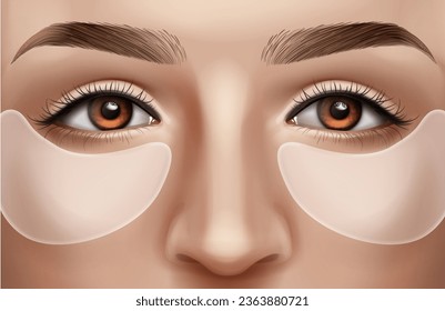 Vector realistic illustration of girl's face with applyed eye patches. Cosmetology beauty concept.