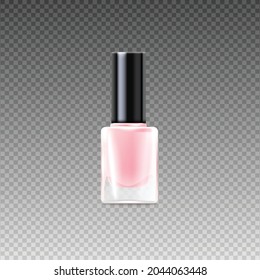 Vector realistic illustration of a glass bottle of nail polish. Fashionable pink nail polish for a beautiful manicure. Isolated 3d blank mockup on a transparent background.