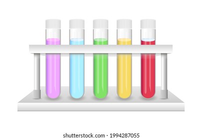 Vektorrealistische Illustration von Glaslabor-Teströhren mit Farbflüssigkeiten. Prüfrohrständer oder Prüfrohrständer einzeln auf weißem Hintergrund. Laborglas, Laborausrüstung.