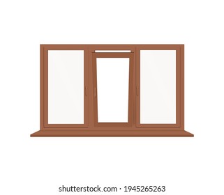 Vector realistic illustration of glass window with brown plastic or wooden frame