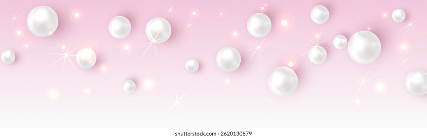 Ilustração realista de vetor de pérolas brancas brilhantes espalhadas em um fundo rosa suave com brilhos brilhantes. Ideal para cosméticos, joias, moda e marca de beleza ou embalagem.
