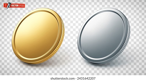 Ilustración vectorial realista de monedas de oro y plata sobre un fondo transparente.