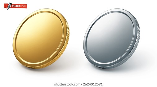 Ilustração realista vetorial de moedas de ouro e prata sobre um fundo branco.