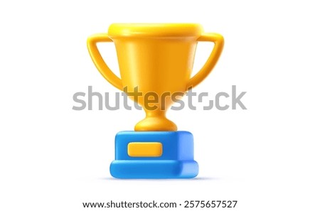 Vector realistic illustration of golden champion winner cup on white background. Winner prize, sport success award. 3d cartoon style design of win reward, trophy cup icon for banner, poster, flyer