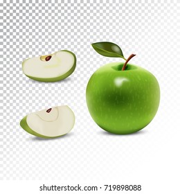 Vector realistic illustration of green apple. Colorful objects on a transparent background.