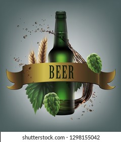 Vector realistic illustration of green bottle with wheat, fresh hops and splashes behind golden ribbon with text isolated on background. Concept of beer advertising