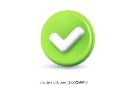 Vector realistic illustration of green circle with tick on white background. 3d cartoon style design of business checkmark icon. Checklist tick, done check mark. Symbol of correct and right choose