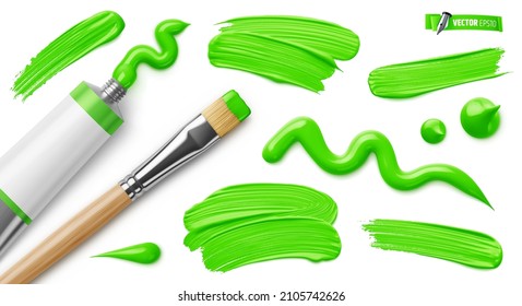 Vector realistic illustration of a green paint tube, paintbrush and brush strokes on a white background.