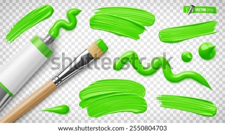 Vector realistic illustration of a green paint tube, paintbrush and brush strokes on a transparent background.