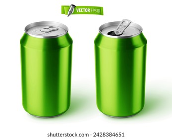 Vector realistic illustration of green soda cans on a white background.