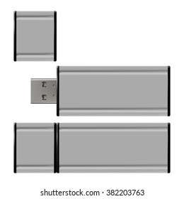 Vector realistic illustration of a grey USB flash drive isolated on white background. Photorealistic vector. 