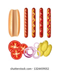 Vector realistic illustration of grilled sausage with different sauce and vegetables: tomato, onion, pickles and bun with sesame seeds isolated on white background