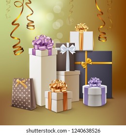 Vector realistic illustration of group of presents. Gift boxes with bows with golden holiday ribbons isolated on bokeh background