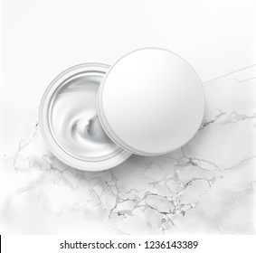 Vector Realistic Illustration Of Half Open Cosmetic Jar With Hygienic Cream, Top View,  Isolated On White Marble Background. Packing Template Of Lotion For Skin