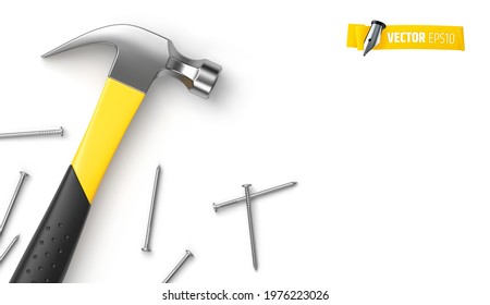 Vector realistic illustration of a hammer and nails on a white background.