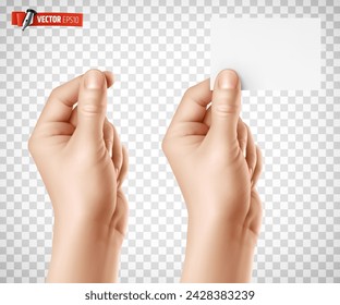 Vector realistic illustration of a hand holding a blank business card on a transparent background.