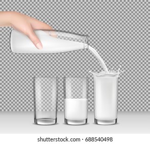 Ilustración vectorial realista, mano sosteniendo una botella de vidrio de leche, leche, productos lácteos, yogur, kefir, cóctel proteico vertiendo en vasos de bebida. Imprimir, plantilla, elemento de diseño