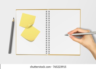 Vector realistic illustration of hand with pen writing in notebook on table with pencil and post it notes
