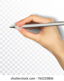 Vector realistic illustration of hand writing on signing with metallic pen isolated on transparent background