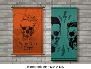 Vector realistic illustration of hanging on rope posters with printed images of hipsters skulls isolated on brick background. Template of banner in the bar on the wall