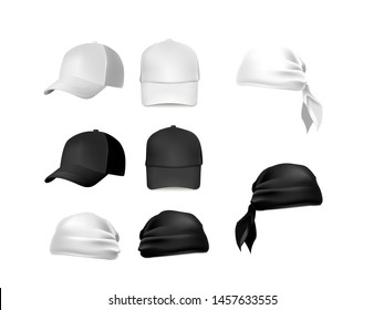 
Vector realistic illustration of hats. Black and white baseball caps and bandanas.