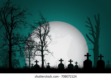 Vector realistic illustration of a haunted cemetery with tombstones, cross and trees without leaves under a dramatic  sky with moon